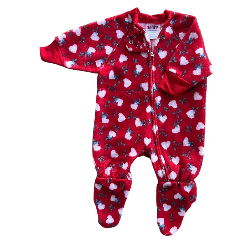 Okie Dokie Baby 6M Red Heart Floral, Fleece Zip Footed Long Sleeve Sleep Vintage